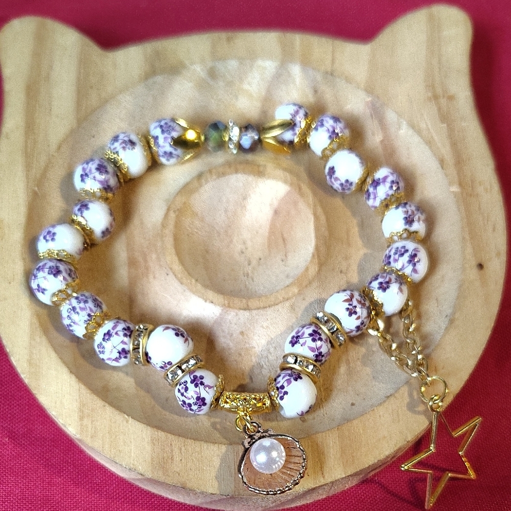 Purple and White Beaded Bracelet with Star Charm